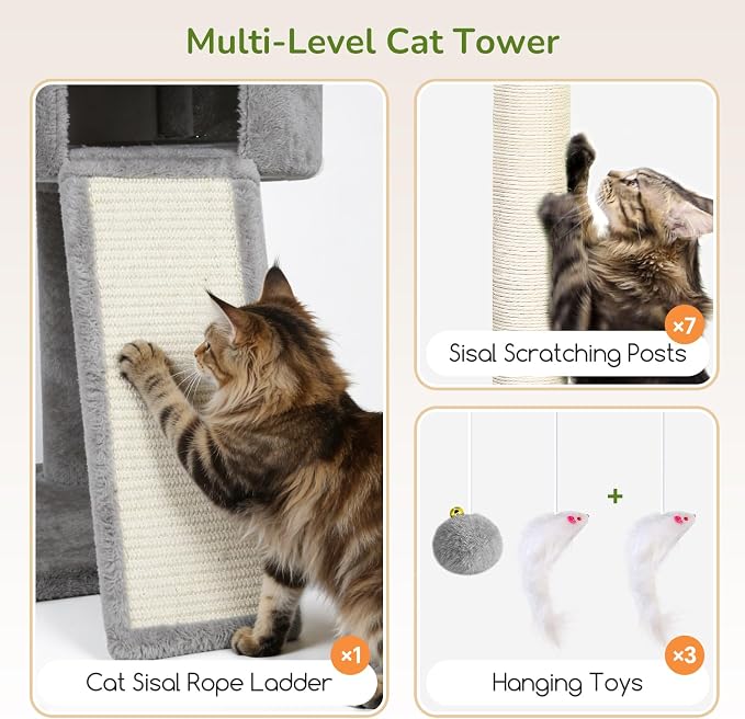 Globlazer F83C Heavy Duty Tall Cat Tree, 83in Multi-Level Tower, Light Grey | Easy Assembly, Maine Coon, Large Cats, Tall Tower, 2 Condos, 3 Hanging Baskets, 2 Perches, 7 Sisal Posts, Anti-Topple Strap