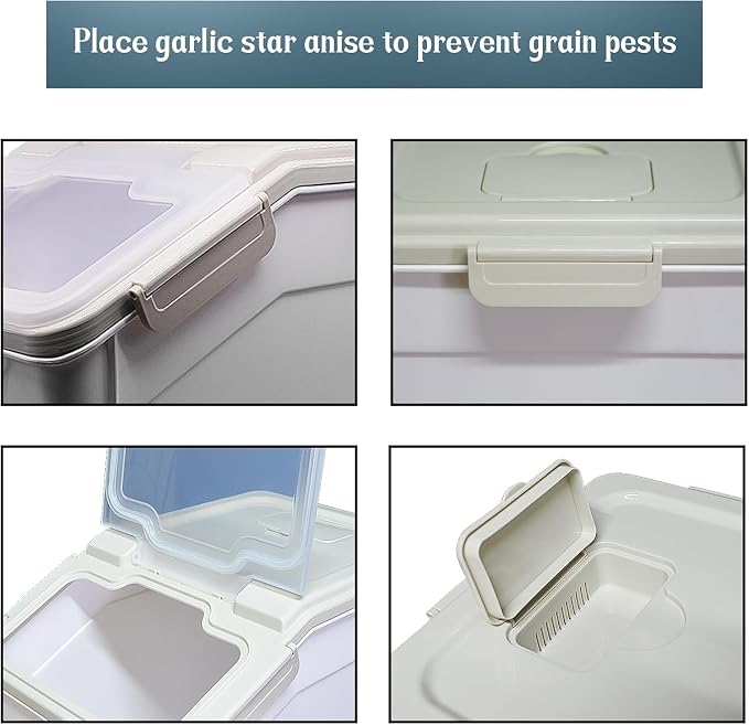 AnRui Rice Storage Container 50LB, Airtight Flour Storage Containers, Plastic Cereal Grain Dispenser Organizer Pet Food Storage Bin with Lid, Measuring Cup, Scoop, Gray, 2Pcs(Total Capacity:100LBS)