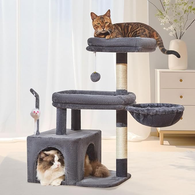 Taoqimiao 32.2in Cat Tree with Toy, Small Cat Tower for Indoor Cats, MS043G | Easy assembly, Sturdy, Multi Level, Easy Clean, Cozy Condo, Perches, Baskets, Suitable for Kittens and Adult Cats