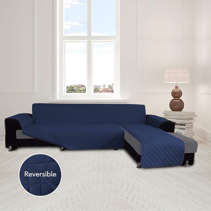 Easy-Going Reversible L-Shape Sectional Couch Cover, Small, Navy/Navy | Soft Sofa Slipcover For Dogs, Fits Left/Right Chaise Lounge Protector, Water Resistant Mat For Living Room