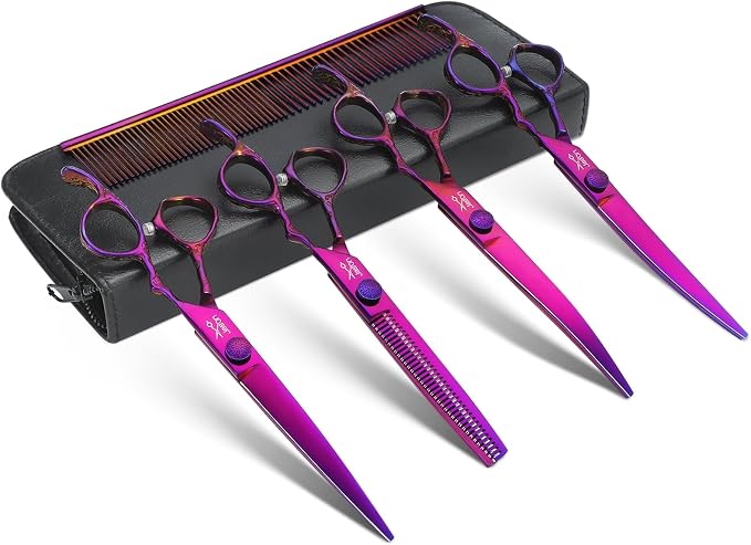 JASON Dog Grooming Scissors Set - Professional 6 in 1 Purple Shears Kit | 6.5" Thinning, 7" Straight, 7" Up-Curved, 7" Down-curved Scissors and Comb for Cat Pet with Adjustable Screw, Gift