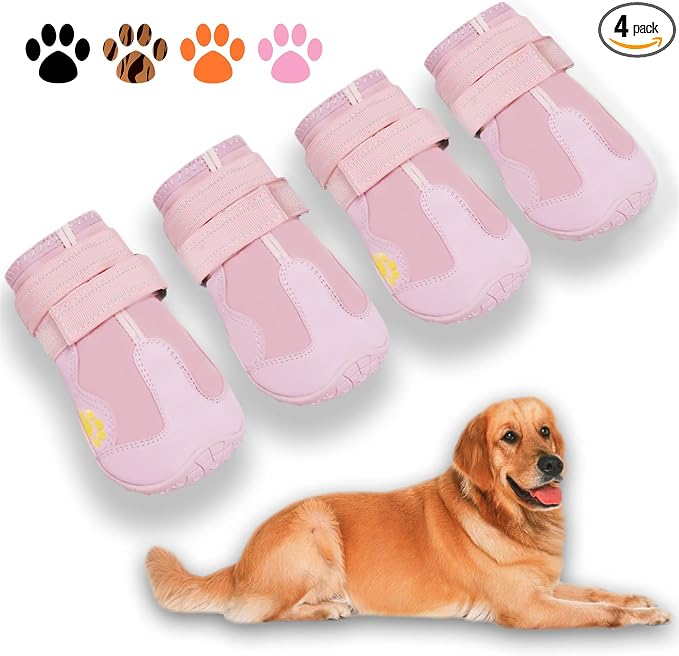 XSY&G Dog Boots,Waterproof Dog Shoes,Dog Booties with Reflective Strips Rugged Anti-Slip Sole and Skid-Proof,Outdoor Dog Shoes for Small Medium Large Dogs 4Pcs Pink-Size 3
