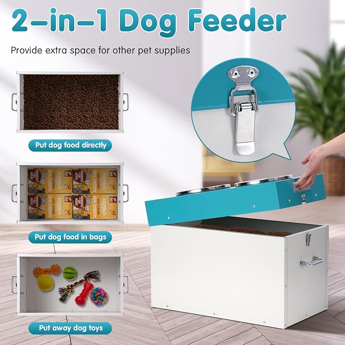 Elevated Dog Bowls with Storage Large 2-in-1 Pet Food Storage Raised Bowl | 15"H Galvanized Steel Raised Bowl for Dogs Holds Up To 45 Lbs 2 Removable Stainless Steel Bowls for Medium & Large Dogs