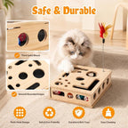 Cat Toys for Indoor Cats - Interactive Box Puzzle Toy Nail File Scratcher Cat Play Toy with 6 Jingle Balls & 2 Feather Wands, Wooden Puzzle Treat Toy Box Energize Cat Instincts for Bored Cats