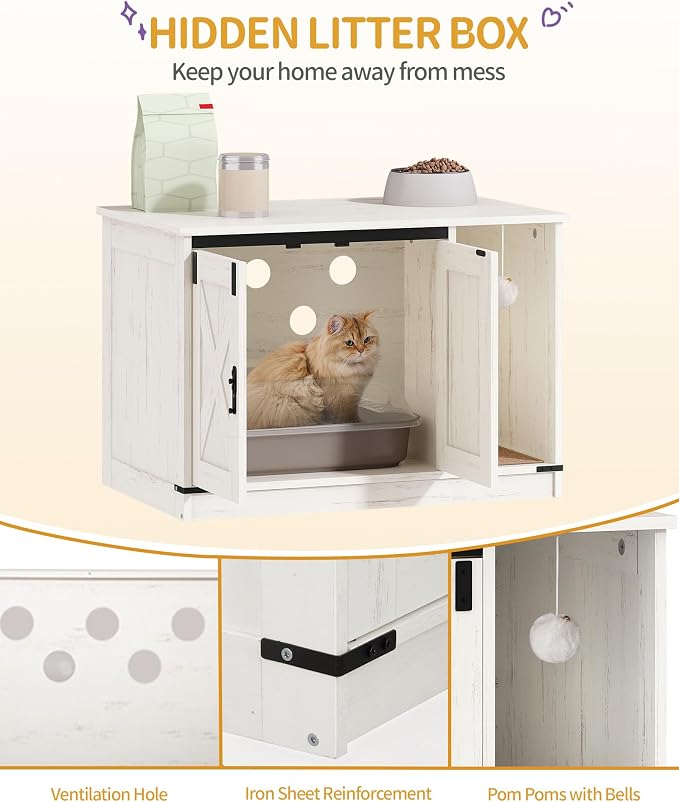 Hzuaneri Cat Litter Box Enclosure, Hidden Litter Box Cabinet Furniture | Indoor Cat House with Bell, Farmhouse Style, 31.5 x 19.7 x 20.9 Inches, for Hallway, Bedroom, White CB82414B
