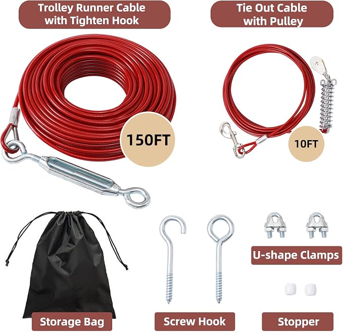 Dog Runner for Yard, Trolley System, 150FT+10FT, Red | Chew-resistant Cable, Shock Spring Softens Pulls, 360° Swivel Reduce Tangles