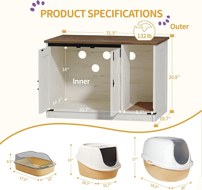 Hzuaneri Cat Litter Box Enclosure, Hidden Litter Box Cabinet Furniture | Indoor Cat House with Bell, Farmhouse Style, 31.5 x 19.7 x 20.9 Inches, for Hallway, Bedroom, Rustic Brown and White CB82414X