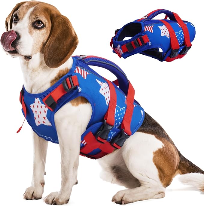 Kuoser Dog Life Jacket High Flotation, American Flag Dogs LifeVest for Swimming Boating, 4th of July Dog Lifejacket with Reflective & Rescue Handle, Lightweight Doggy Life Preserver for Medium Dogs, M