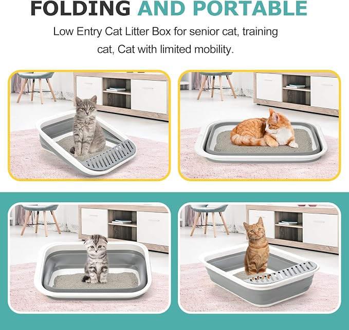 Foldable Cat Litter Box, Large Height-Adjustable Anti-Splash Open Air Kitty Litter Pan, Easy Clean with Scoop (Gray)