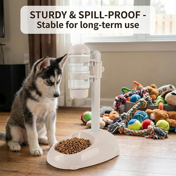 Pet Standing Water Dispenser Feeder, 500ml Dog Water Feeder Bottle Adjustable Raised Pet Food Bowl for Dogs Detachable Bottles Easy Cleaning (Beige)