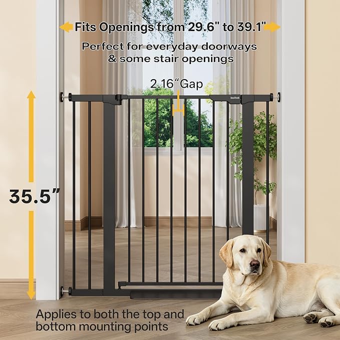 InnoTruth 29.6-39.1 in Wide x 35.5 in High Extra Tall Baby Gate, Black | Indoor Metal Dog Gate for Stairs and Doorways, Auto Close Walk Through Door for Pets, Double Lock, Pressure or Hardware Mount