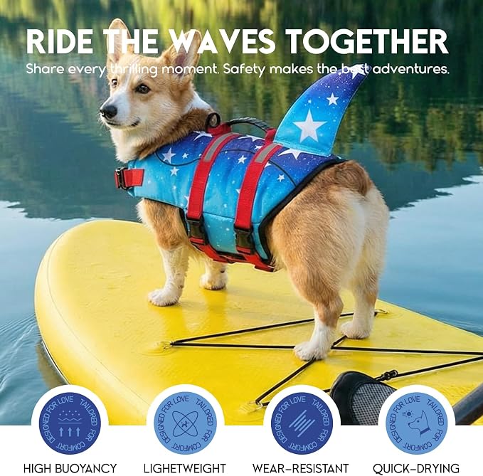 ASENKU Dog Life Jacket - Pet Safety Vest for Swimming & Boating, Shark Life Jacket with Floatation, Dog Lifesavers Swimsuits for Small Medium Large Dogs (GradStar, L)