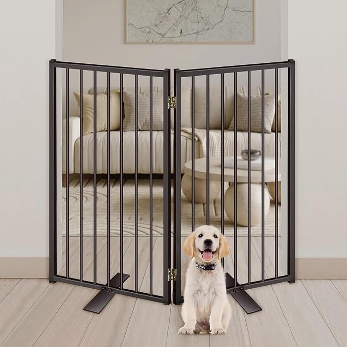 Metal Freestanding Dog Gates with Door for Outdoor Indoor,40'' Extra Wide 36'' Tall Free Standing Dog Gate for Doorways,Large Openings,Deck,Yard,Porch,Foldable Safety Pet Fence(Black,2 Panels)