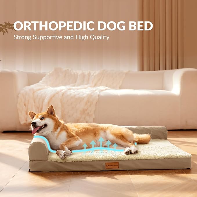 Patas Lague Orthopedic Large Dog Bed Pet Sofa Beds 42''X28''Beige | L Bolster Egg-Crate Foam Dog Couch For Large Sized Dogs, Waterproof Removable Washable Cover, Pet Mat with Nonskid Bottom
