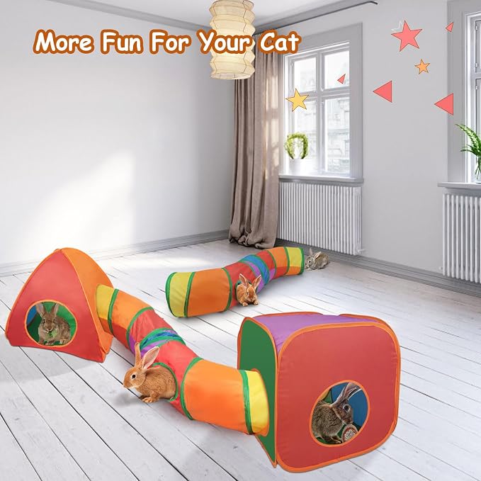 Rypet Cat Toy Tunnel and Cubes Bundle, Play Tubes for Indoor Cats,Rainbow | 3-in-1 Tunnel Cubes Tent, Crinkle Tube for Play, DIY Shapes, Ball and Bell for Play, Tear-Resistant Polyester, Folds Flat