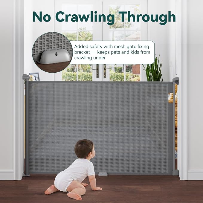 Babepai Retractable Baby Gates for Stairs, Retractable Dog Gate for Indoor/Outdoor Use | Child Gates for Doorways, Deck, Porch, Hallways, Patio (Grey, 55" Wide × 34" Height)