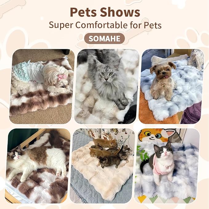 SOMAHE Cat Bed, Plush Faux Fur Kneading Flat Mat - Machine Washable Fluffy Pet Bed for Indoor Cats, Non-Slip Small Kitten Bed, Therapeutic Knead Cat Mat for Couch & Window Sill, 23"×15" Inch,Brown
