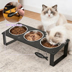 3 in 1 Elevated Cat Bowls with Splash proof Mat for Kittens, Puppies, Multi-pet Households, 10° Tilted Raised Cat Bowls Anti-Vomiting, 3 Wide Shallow Stainless Steel Bowls, Whisker Friendly, 3.5" Tall