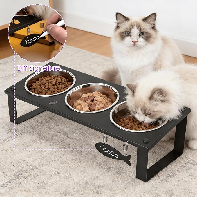 3 in 1 Elevated Cat Bowls with Splash proof Mat for Kittens, Puppies, Multi-pet Households, 10° Tilted Raised Cat Bowls Anti-Vomiting, 3 Wide Shallow Stainless Steel Bowls, Whisker Friendly, 3.5" Tall