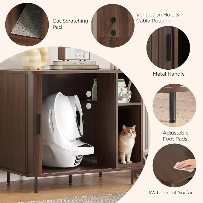 Large Litter Box Enclosure with Charging Station for Automatic Litter Box & Cat Robot 3/4, Hidden Litter Box Furniture with Dog-Proof Shelf, Scratch Pad, Wooden Cat Box Enclosure, Walnut