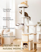 63" Heavy Duty Cat Tree for Indoor Cats, Sturdy Cat Tower for Large Cats with Scratching Post, Plush Top Perch, Cat Condo (Natural Wood)