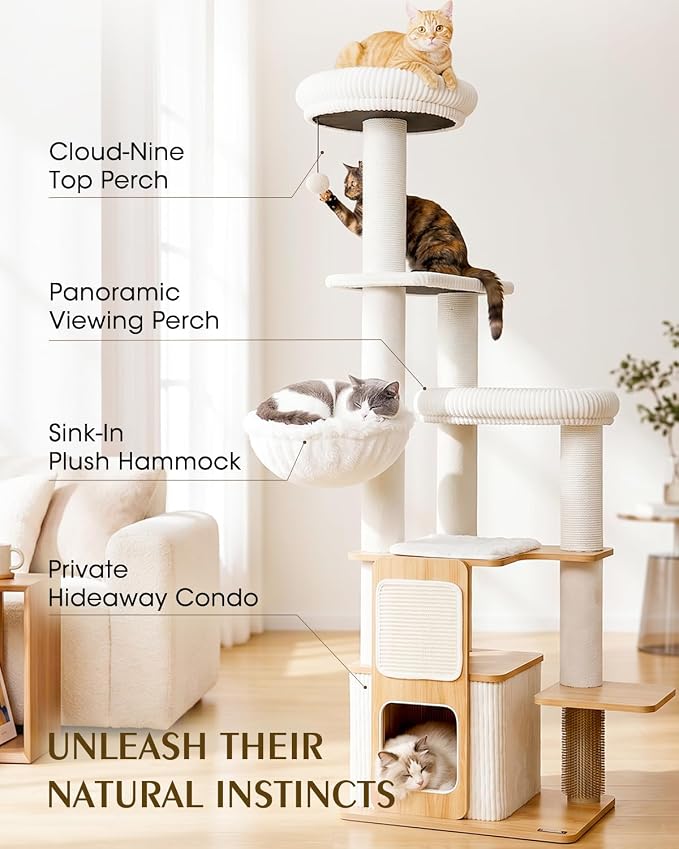 63" Heavy Duty Cat Tree for Indoor Cats, Sturdy Cat Tower for Large Cats with Scratching Post, Plush Top Perch, Cat Condo (Natural Wood)