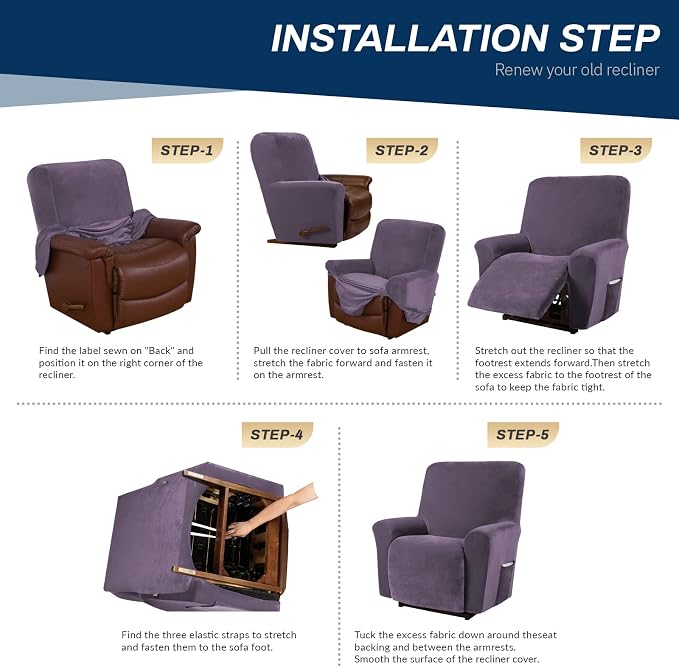 Asnomy Stretch Recliner Chair Covers Slipcover with Pockets 1-Piece（Purple） | Velvet Washable Elastic Luxury Plush Reclining Furniture Protector for Dogs Cats or Lazy Boy Recliner Covers