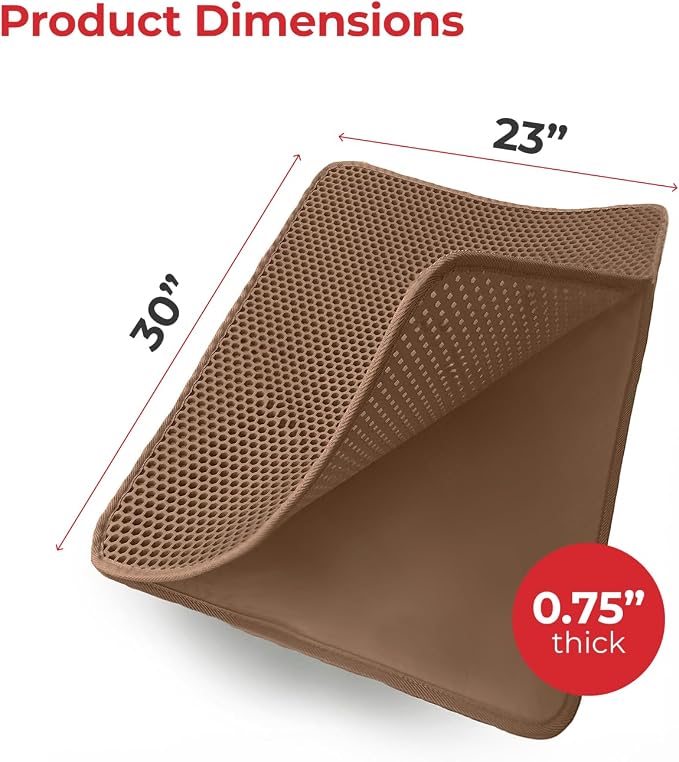 iPrimio Cat Litter Trapper Mat, Waterproof, Double Layer, 30" x 23", Brown | Double layer honeycomb traps scattered litter while the waterproof base blocks urine. Soft on paws and empties in one pour.