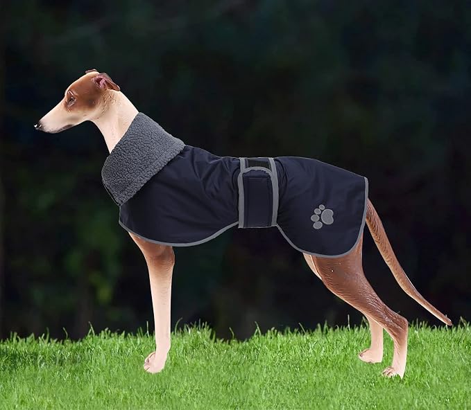 Geyecete Dog Winter Coat Greyhound Raincoat Fabric with Lamb Velvet Inside Outdoor Dog Apparel with Adjustable Bands for Medium, Large Dog-Navy-XXL