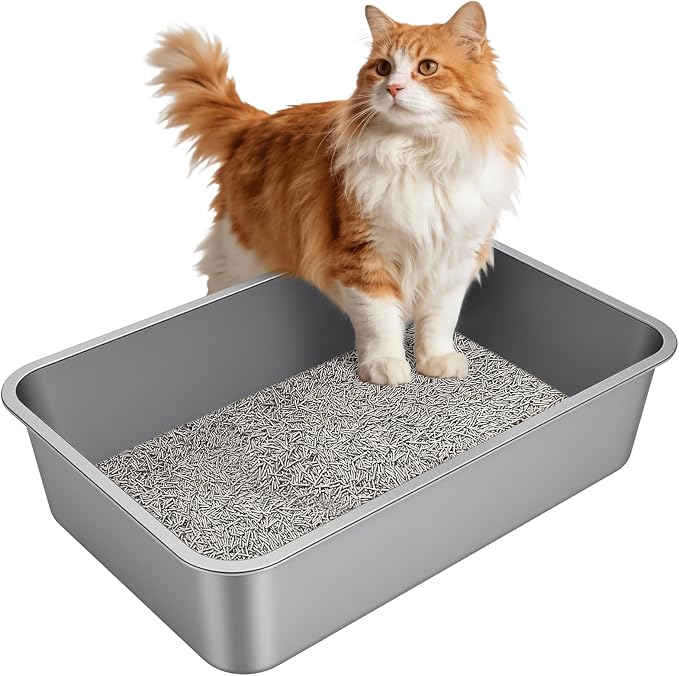 X-Large High Sided Stainless Steel Cat Litter Box | Sturdy Metal, Odor-free, Cat Litter Non-stick and Easy to clean, Perfect for Indoor Cats, Kittens and Multi-cat Households