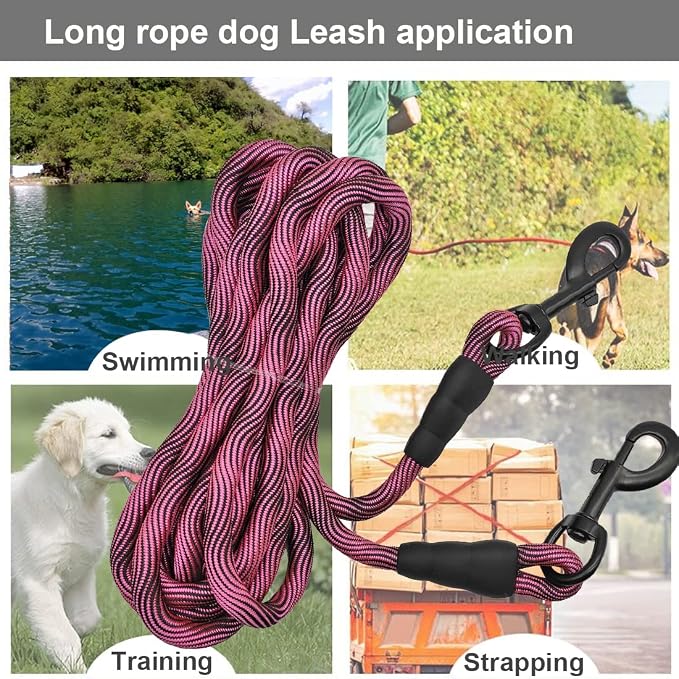 BTINESFUL 8ft 12ft 20ft 30ft 50ft 75ft Dog Tie Out Rope Leash, Long Tether Outdoor Yard Leash, Large Medium Dogs Training, Playing, Camping, Backyard Dog Lead (50 Foot, Pink Black)