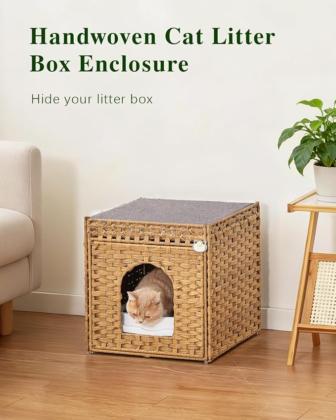 SETVSON Cat Litter Box Enclosure Furniture, Hidden Rattan PE House, Natural | Handwoven PE Rattan with One Bed Pad, Reversible Litter Mat, 2 S-Hooks, 18.5 x 20.5 x 19.1 Inches Spacious Cabinet
