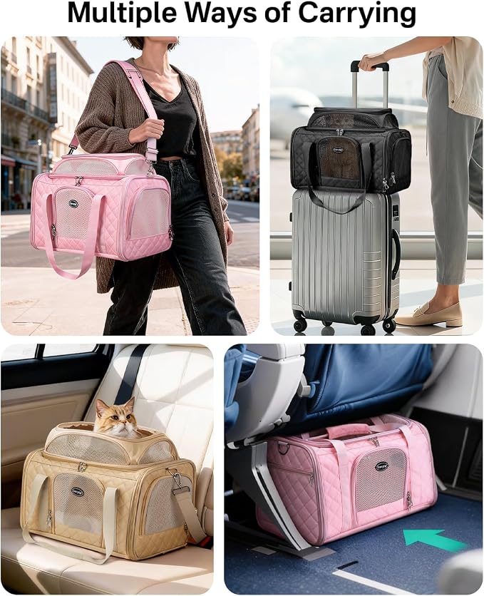 Top Expandable Cat Carrier for Airline Travel, 17x11x9.5 in, Black | Stable reinforced frame, locking zippers, and breathable mesh for airport waits, vet visits, road trips, and daily travel