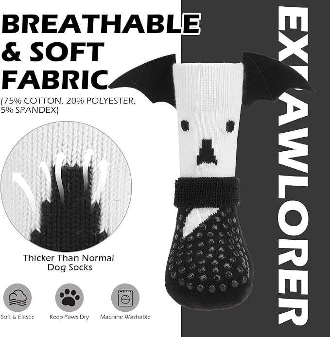 EXPAWLORER Halloween Anti Slip Dog Socks to Prevent Licking Paws, Boots & Paw Protectors with Grippers,Doggie Booties for Hardwood Floors for Small Medium Large Senior Dogs Costume White Ghost Wings M