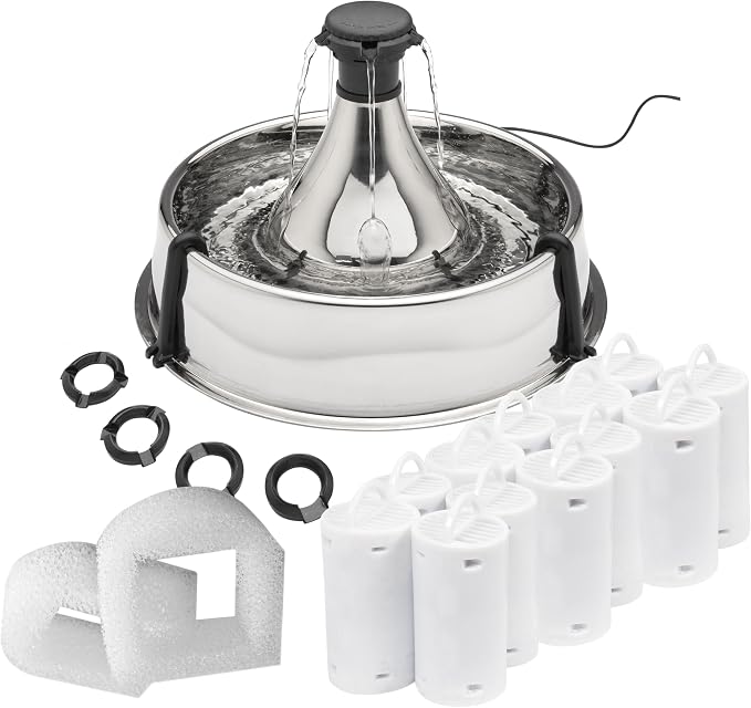 PetSafe Drinkwell Stainless 360 Multi-Pet Fountain, 128oz, 12 Filters Incl. | Customizable 1-5 Water Streams, Rust/Scratch-Resistant Stainless Steel, 12 Carbon + 2 Foam Filters Included