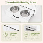 Dog Feeding Station with Storage Cabinet, White Wood Dog Cabinet with 2 Elevated Stainless Steel Bowls, Hidden Pull-Out Feeder Drawer, Pet Feeding Station for Kitchen and Living Room