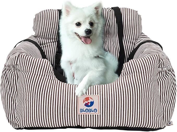 BLOBLO Dog Car Seat Pet Booster Seat Pet Travel Safety Dog Bed for Car with Storage Pocket (Coffee Stripe)