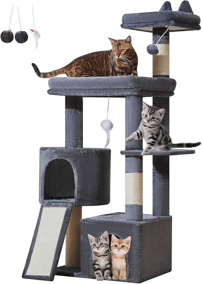 Taoqimiao Sturdy Cat Tree, 55.1In Cat Tower for Indoor Cats, Large Platform | Rotatable Round Condo with Large Scratch Board, Extended Cat House, Thickened Full-Sisal Scratching Post, Smoky Gray, F10G