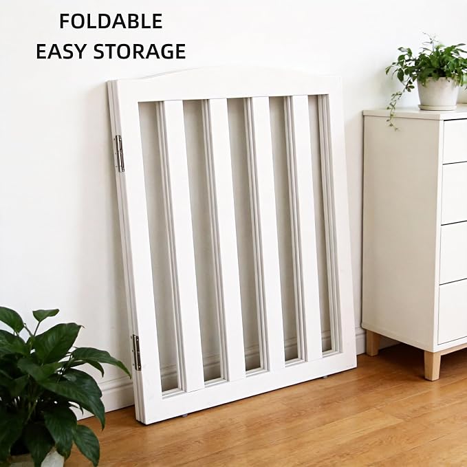 ZJSF Foldable Freestanding Indoor Dog Gate for House Wood White Long Pet Gates Dog Fence for Stairs Puppy Gates for Hallways, Puppy Gate,Support Feet Included 32 "Height-4 Panels