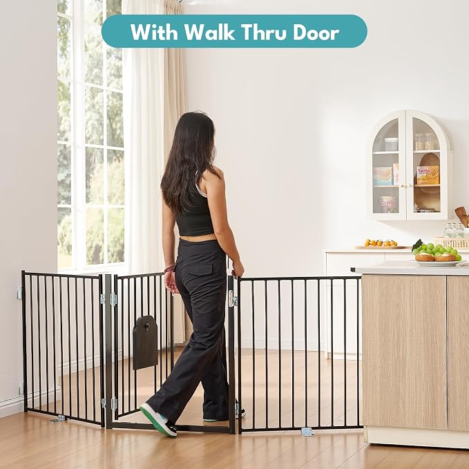 No Pawblems Full Metal Freestanding Dog Gate with Cat Door, 30" Tall | Foldable Pet Gate for Indoor/Outdoor, Zoned management, Dog Fence for Families with Multiple Pets, 156" Wide, 6 Panels, Black