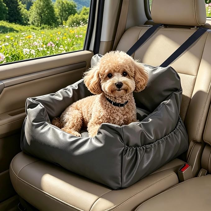 PAWZ Road Dog Car Seat for Small Medium Dogs, Waterproof Booster Bed | Dog booster car seat with dual safety belts, side storage pocket, waterproof leather, soft PP cotton for travel and home