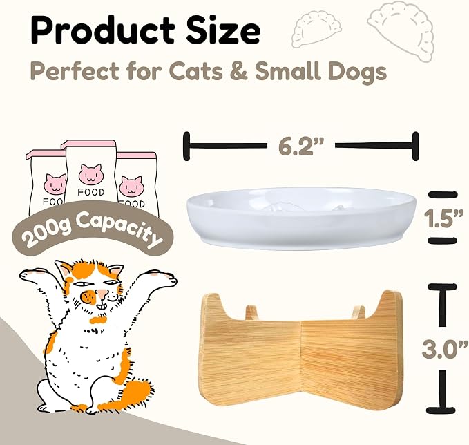 Elevated Slow Feeder Cat Bowl with Bamboo Stand, 6.3'' Ceramic Cat Food Bowl, Raised Whisker Friendly Cat Dish for Wet & Dry Food, Dishwasher Safe Anti-Slip Feeder for Cats & Small Dogs (White)
