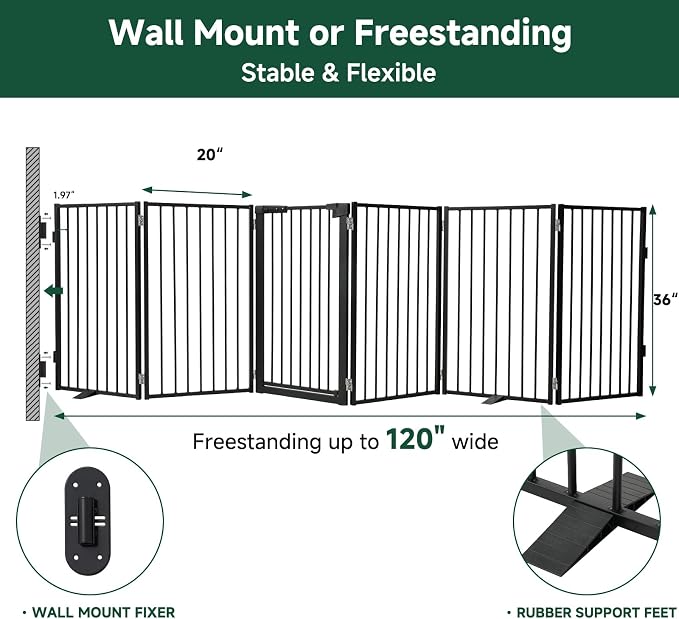 Snagle Paw Metal Freestanding Dog Gate with Door,120” W x 36” H Dog Fence with Support Feet for Doorways, Stairs and Hallways, Portable Pet Gate for Indoor Use (6 Panel, Black)