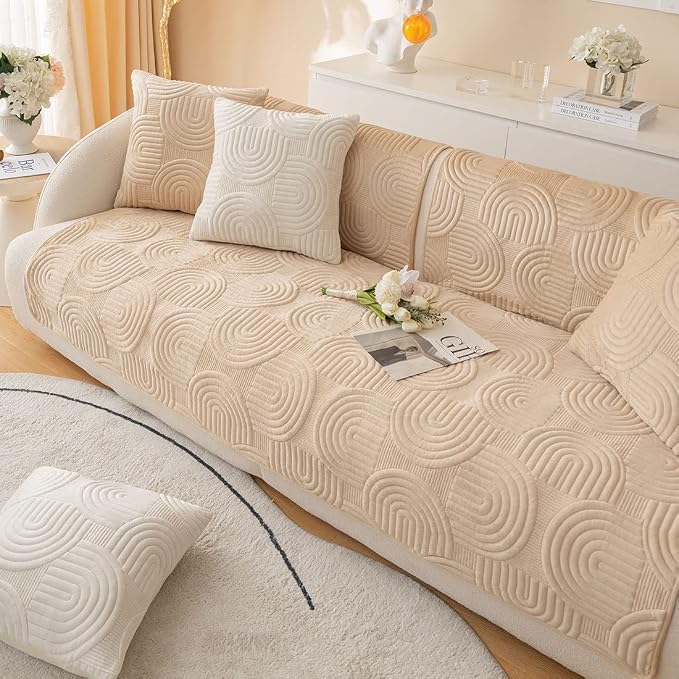 Soft Plush Geometric Quilted Couch Sofa Cover Boho Non Slip Fuzzy Sectional Couch Cover Solid Color Washable Sofa Slipcover Furniture Protector for Kids Dogs Cats (Coffee,28"x28")