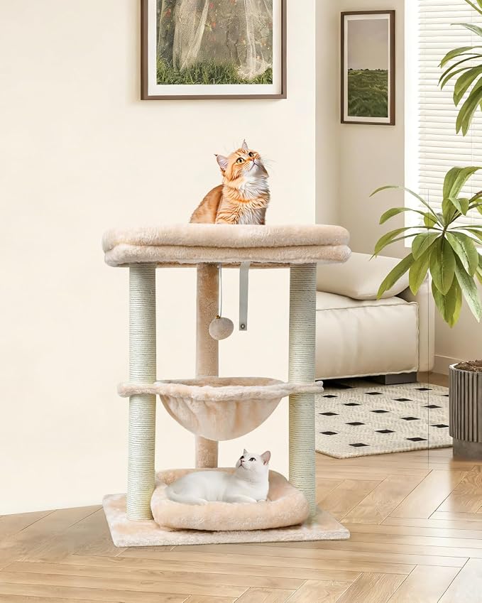 SYANDLVY Small Cat Tree for Indoor Cats with Top Perch Hammock & Bottom Bed | Natural Sisal Scratching Post Tower with Hanging Bell Ball and Anti-Tip Strap, Stable Kittens Furniture, Beige