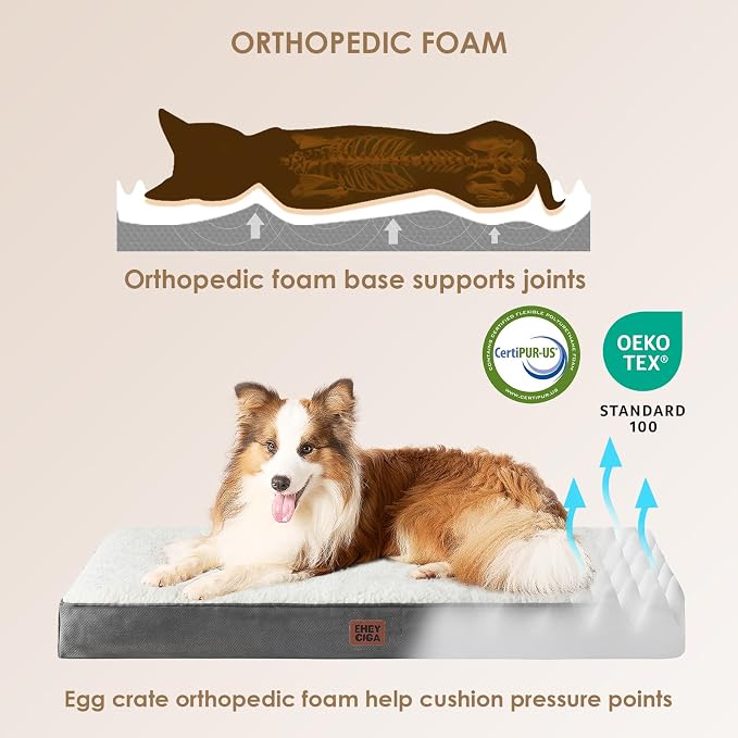 EHEYCIGA Orthopedic Dog Bed Large with Removable Washable Cover,Beige,35x23 | Egg Crate Foam Support,Durable Oxford fabric,Non-Slip Bottom,Machine Washable,Soft Waterproof Plush Pet Bed Mat For Crate