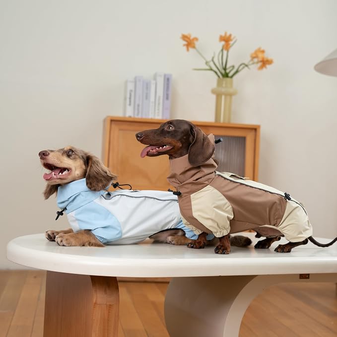Dachshund Dog Raincoat with Legs, Waterproof Full Body Jacket, Hooded Outdoor Windbreaker for Small & Medium Dogs, Mini Dachshund Puppy Coat (Brown,L(17-23 lbs))