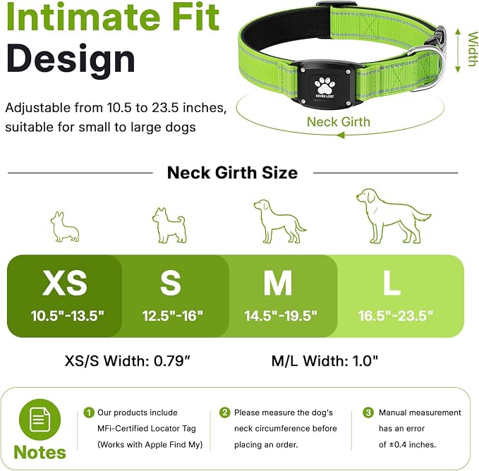 GPS Dog Collar Tracker 2-in-1,Reflective Waterproof Pet Collar,iOS-Only,No Monthly Fees,Unlimited Range,Dog Tracking Collar Pet Tracker,for Small Medium Large Dogs(XS (10.5"-13.5"), Green)