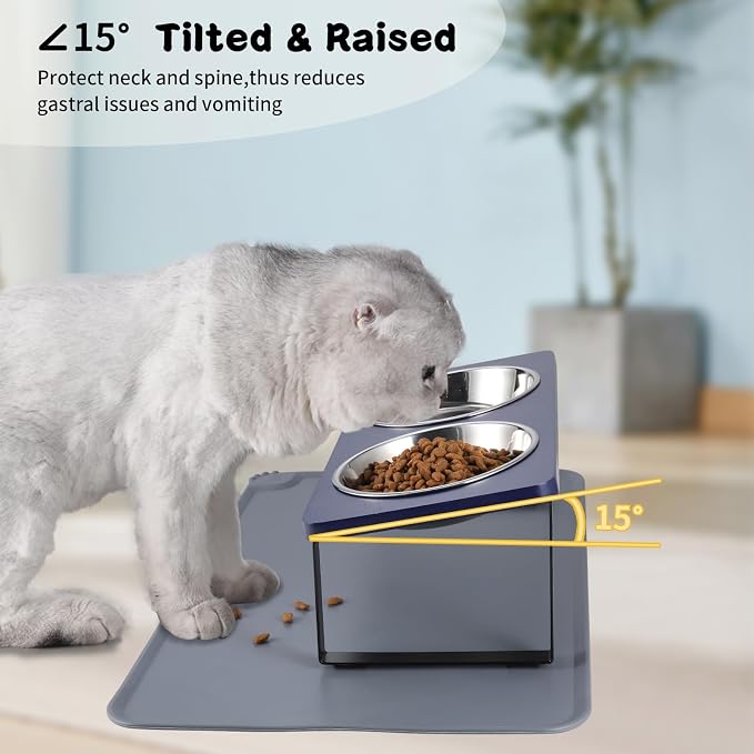 Summark Upgraded Elevated Cat Bowls with Food Mat,15°Tilted Stand Anti Vomiting Raised Cat Dishes for Food and Water,2 Stainless Steel Bowls for Cats and Puppies（Navy Blue）