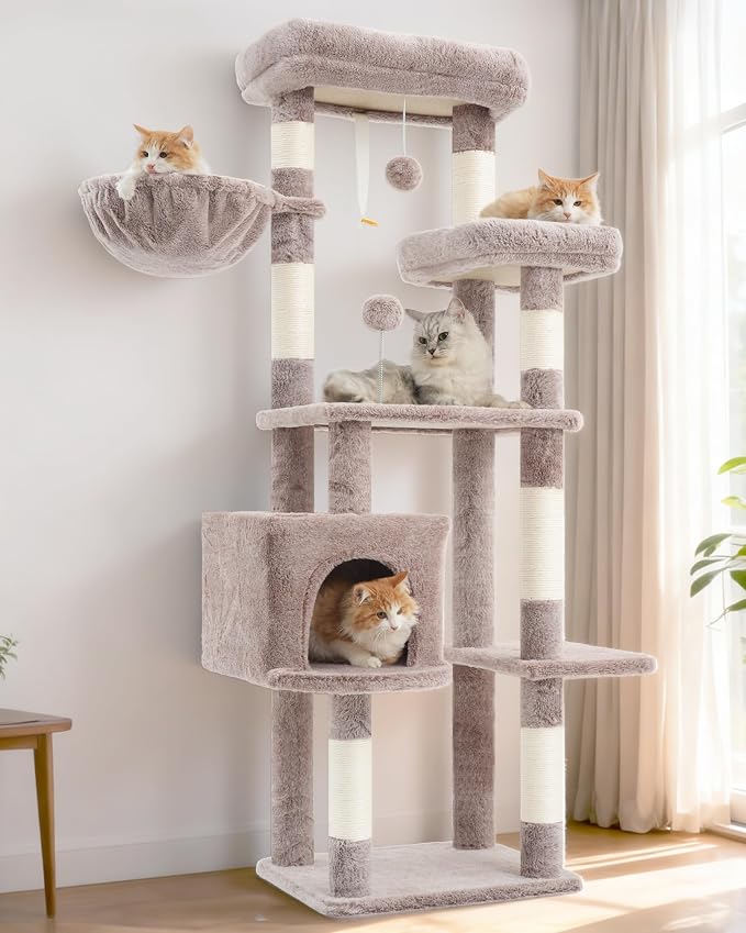 Gitelsnour 55.1'' Cat Tree Tower for Indoor Cats, Large Platform, CCT013MU | 7 Sisal Scratching Posts, Multi-level Cat Condo Cat Cave, 2 Padded Perches, Basket, Furry Ball, Toy, Mushroom